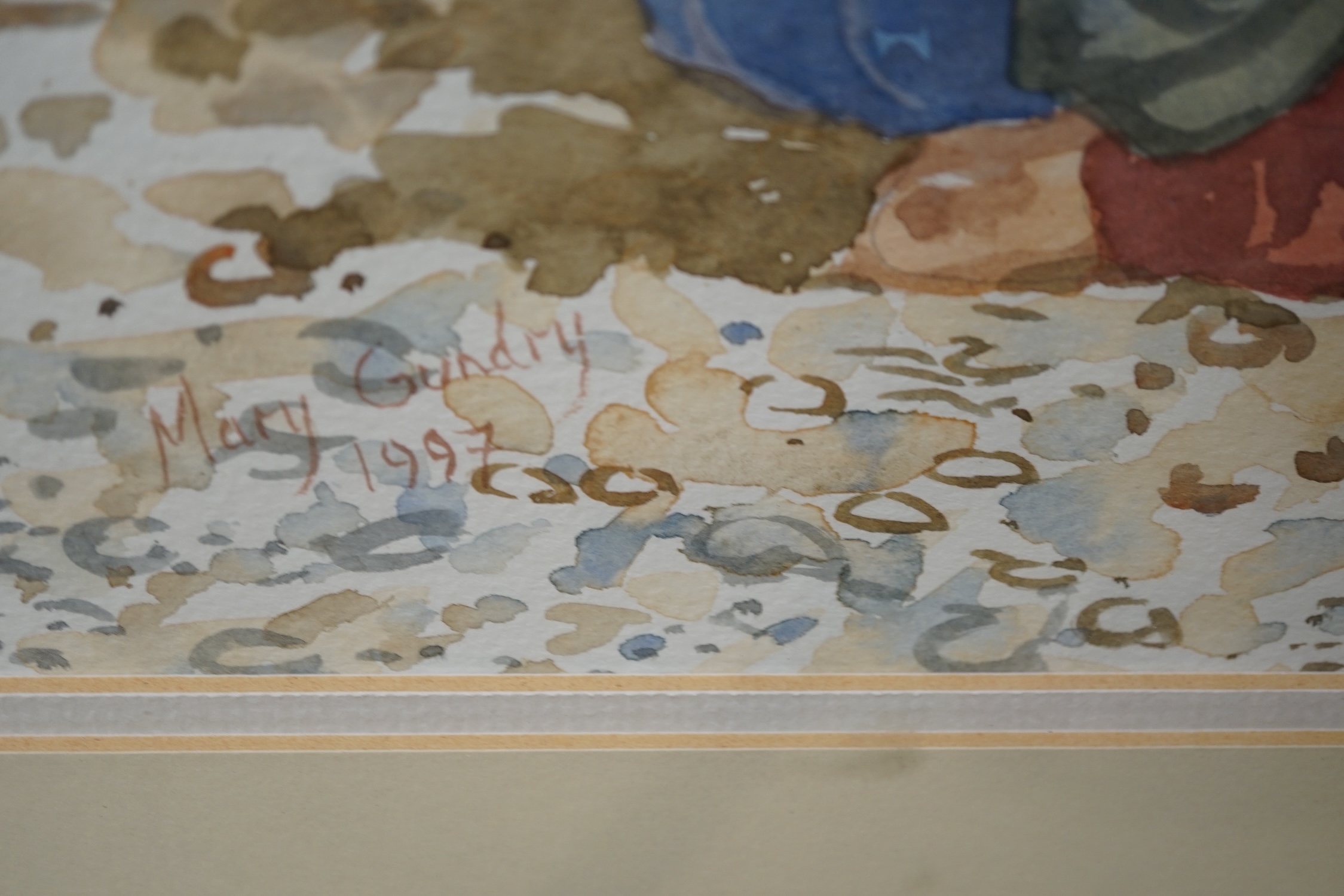 Mary Gundry (20th. C), watercolour, Beach scene with children, signed and dated 1997, 38 x 49cm. Condition - fair